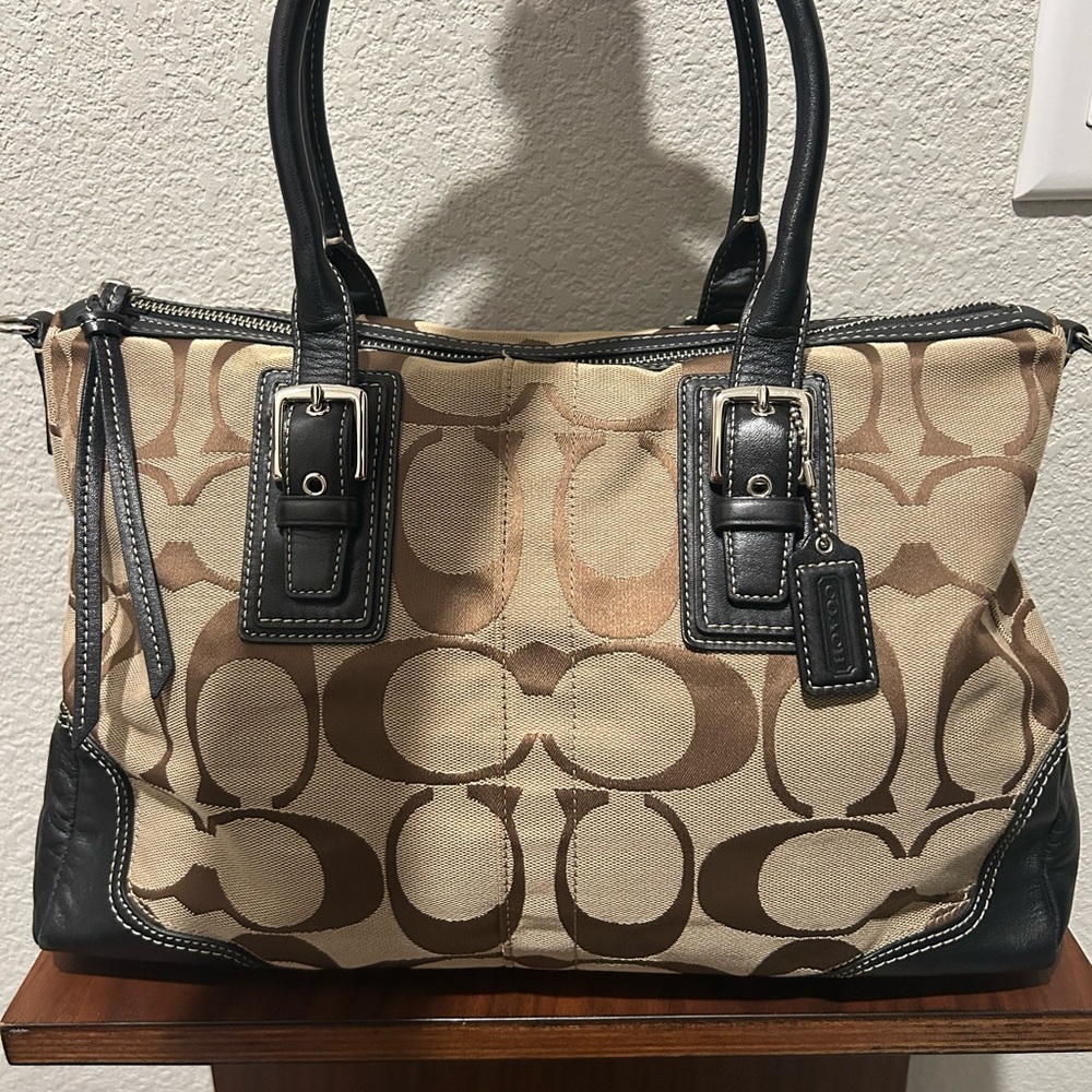Coach Hampton Signature Canvas and Leather Satchel in Khaki/Chestnut